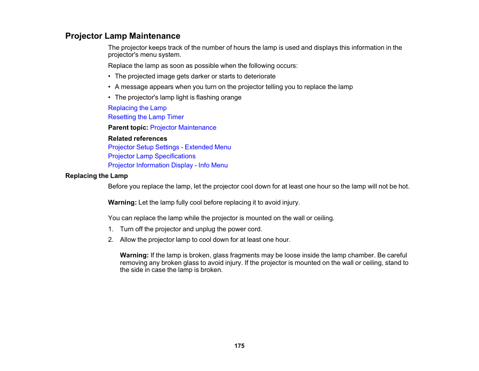 Projector lamp maintenance, Replacing the lamp | Epson 485Wi User Manual | Page 175 / 259