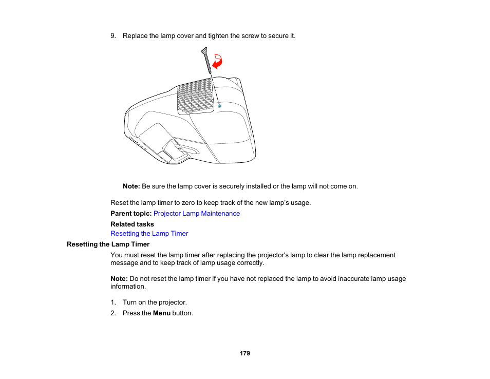 Resetting the lamp timer | Epson 485Wi User Manual | Page 179 / 259