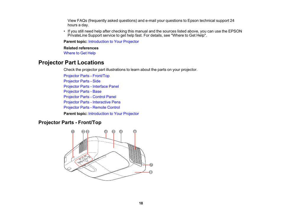 Projector part locations, Projector parts - front/top | Epson 485Wi User Manual | Page 18 / 259