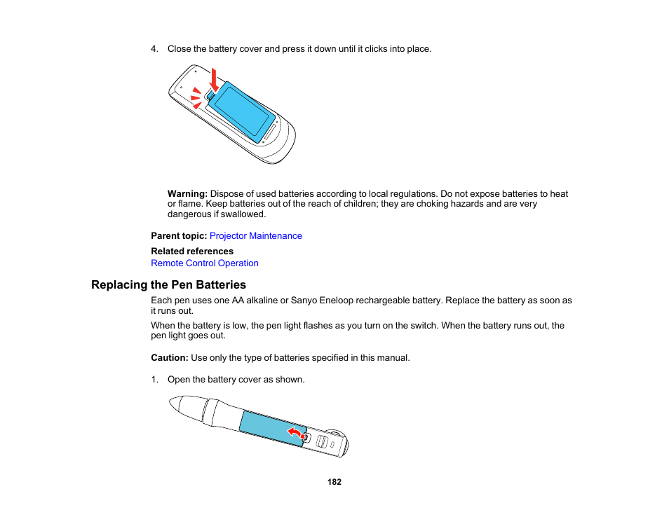 Replacing the pen batteries | Epson 485Wi User Manual | Page 182 / 259
