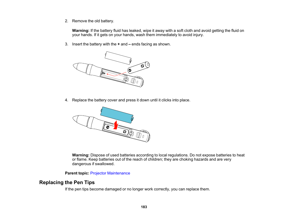 Replacing the pen tips | Epson 485Wi User Manual | Page 183 / 259