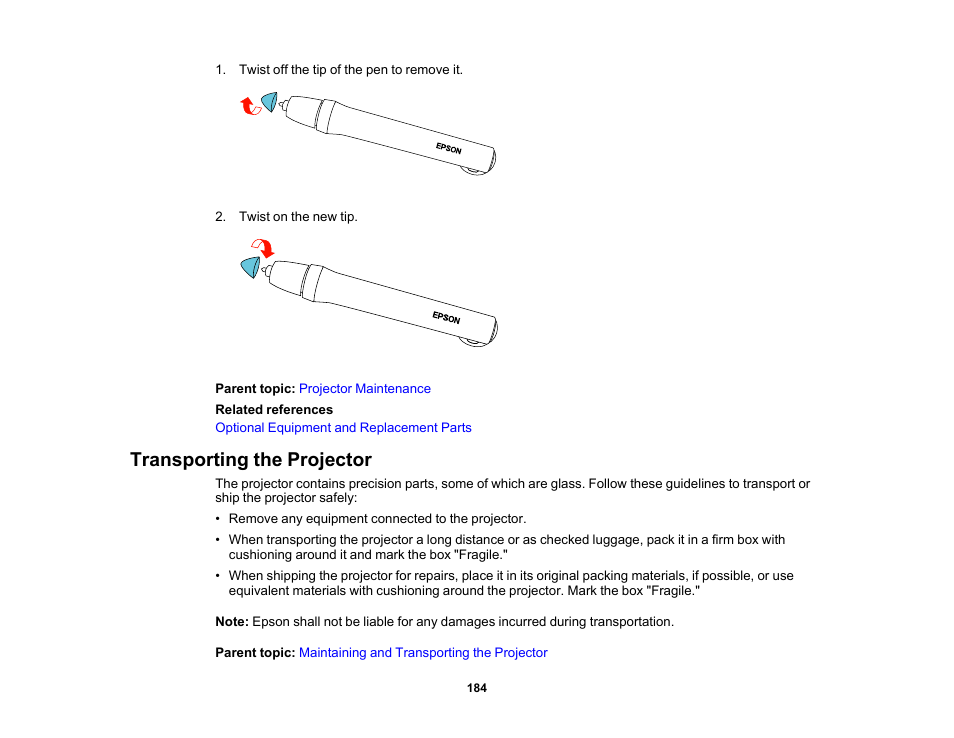Transporting the projector | Epson 485Wi User Manual | Page 184 / 259
