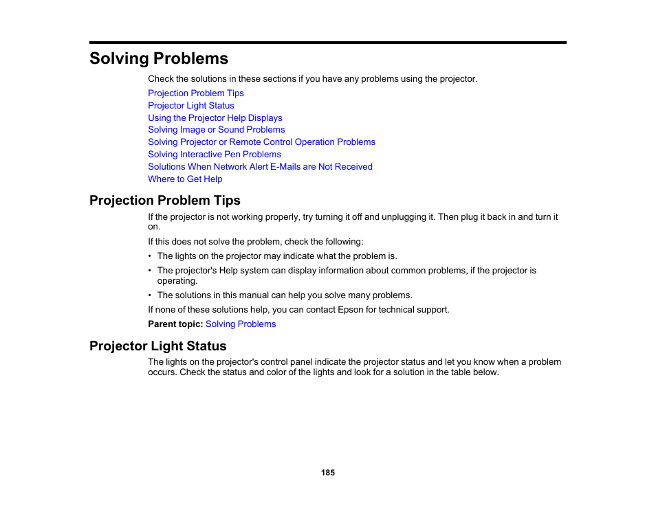 Solving problems, Projection problem tips, Projector light status | Projection problem tips projector light status | Epson 485Wi User Manual | Page 185 / 259