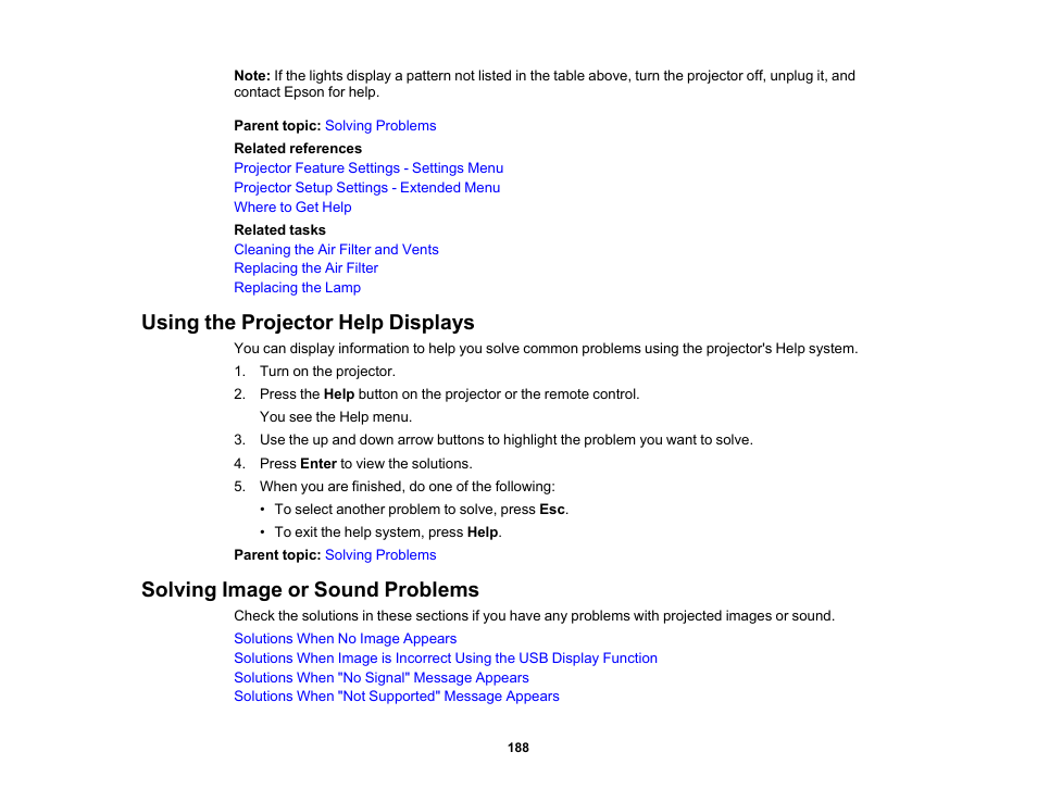 Using the projector help displays, Solving image or sound problems | Epson 485Wi User Manual | Page 188 / 259