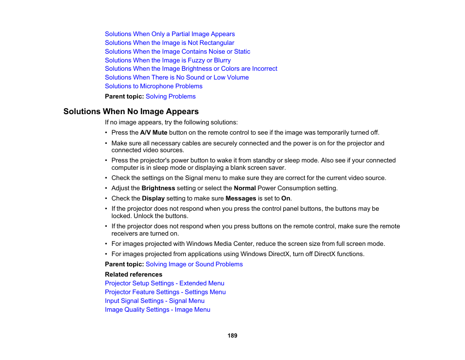 Solutions when no image appears | Epson 485Wi User Manual | Page 189 / 259