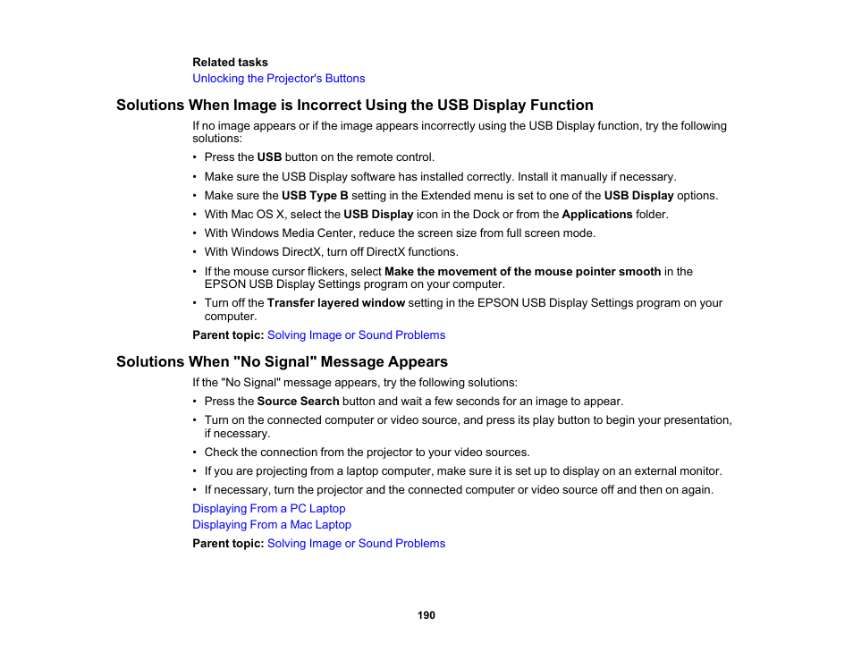 Solutions when "no signal" message appears | Epson 485Wi User Manual | Page 190 / 259