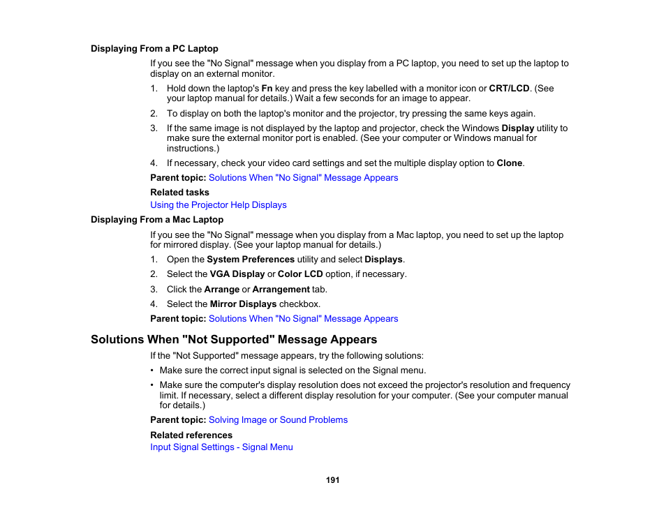 Displaying from a pc laptop, Displaying from a mac laptop, Solutions when "not supported" message appears | Epson 485Wi User Manual | Page 191 / 259