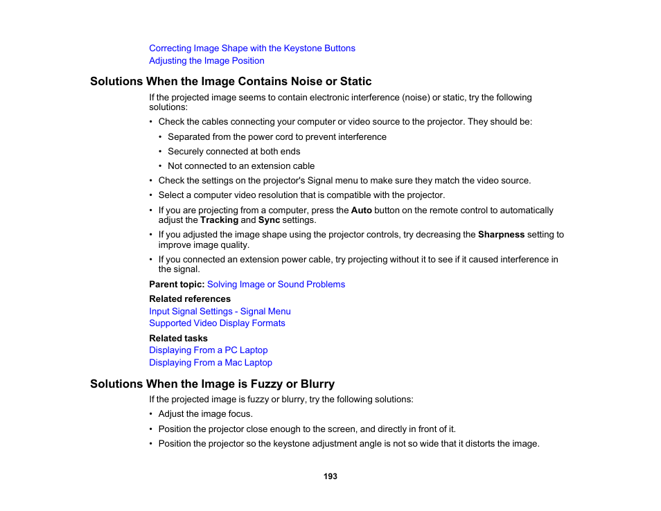 Solutions when the image contains noise or static, Solutions when the image is fuzzy or blurry | Epson 485Wi User Manual | Page 193 / 259