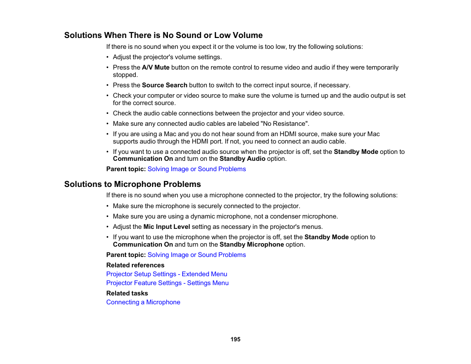 Solutions when there is no sound or low volume, Solutions to microphone problems | Epson 485Wi User Manual | Page 195 / 259