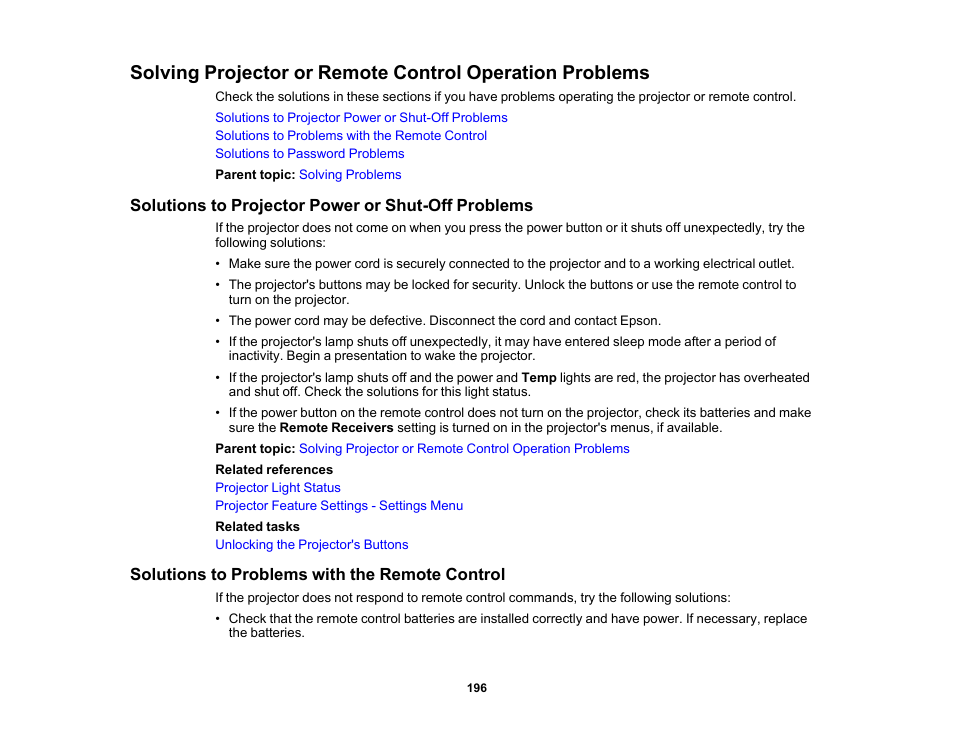Solutions to projector power or shut-off problems, Solutions to problems with the remote control | Epson 485Wi User Manual | Page 196 / 259