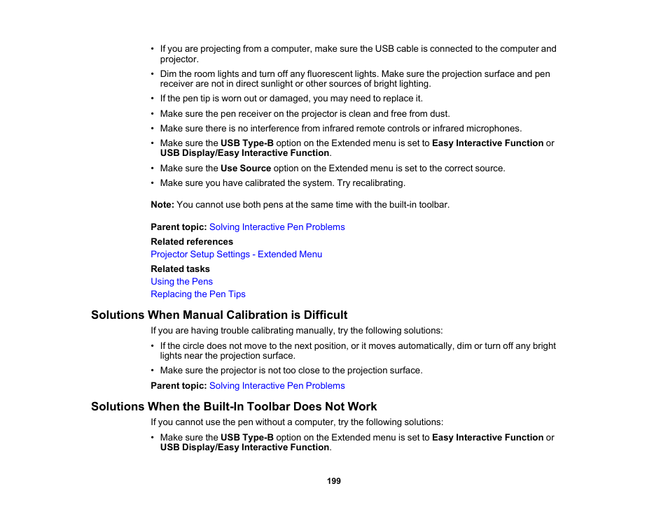 Solutions when manual calibration is difficult, Solutions when the built-in toolbar does not work | Epson 485Wi User Manual | Page 199 / 259