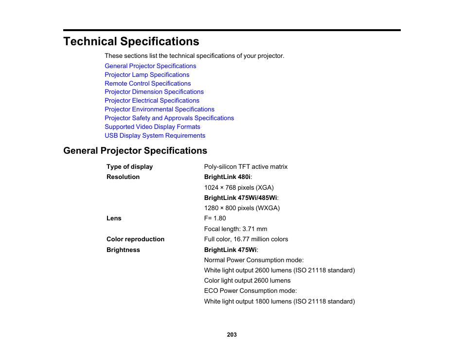 Technical specifications, General projector specifications | Epson 485Wi User Manual | Page 203 / 259