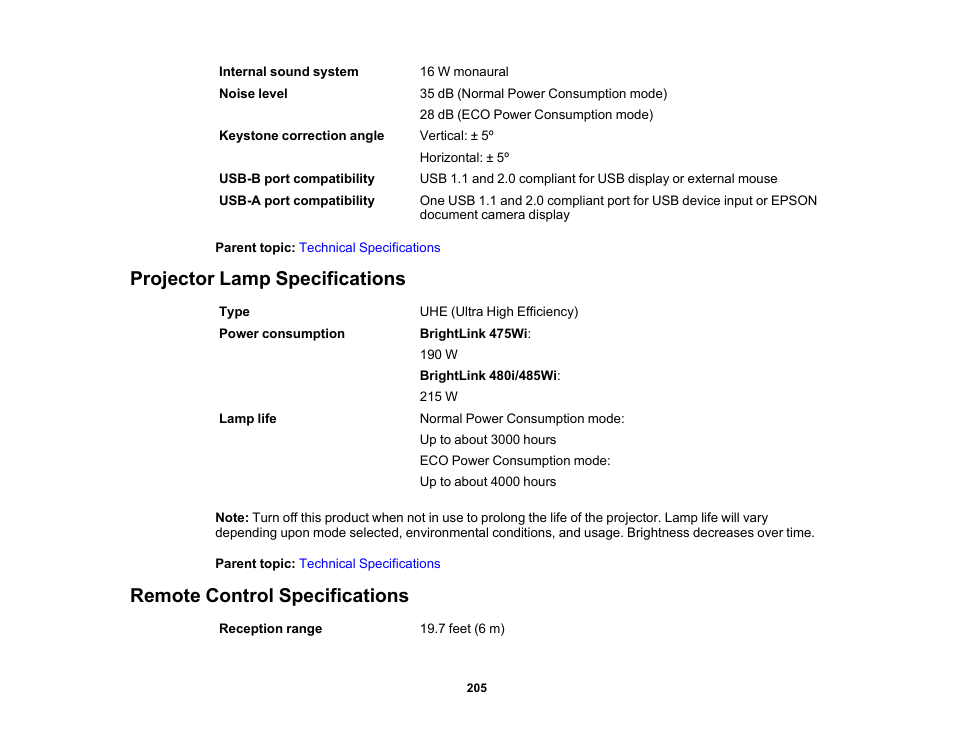 Projector lamp specifications, Remote control specifications | Epson 485Wi User Manual | Page 205 / 259