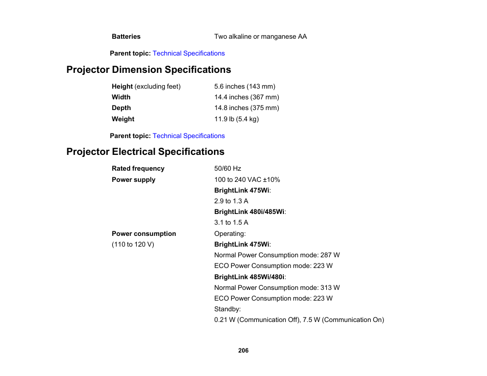 Projector dimension specifications, Projector electrical specifications | Epson 485Wi User Manual | Page 206 / 259