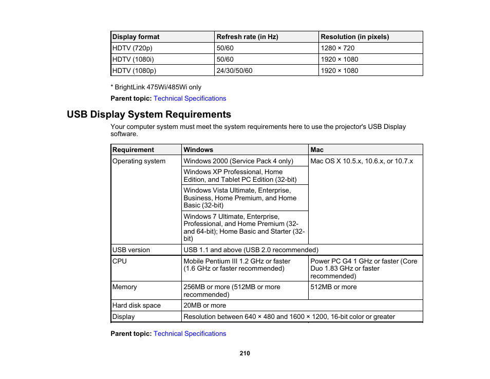 Usb display system requirements | Epson 485Wi User Manual | Page 210 / 259