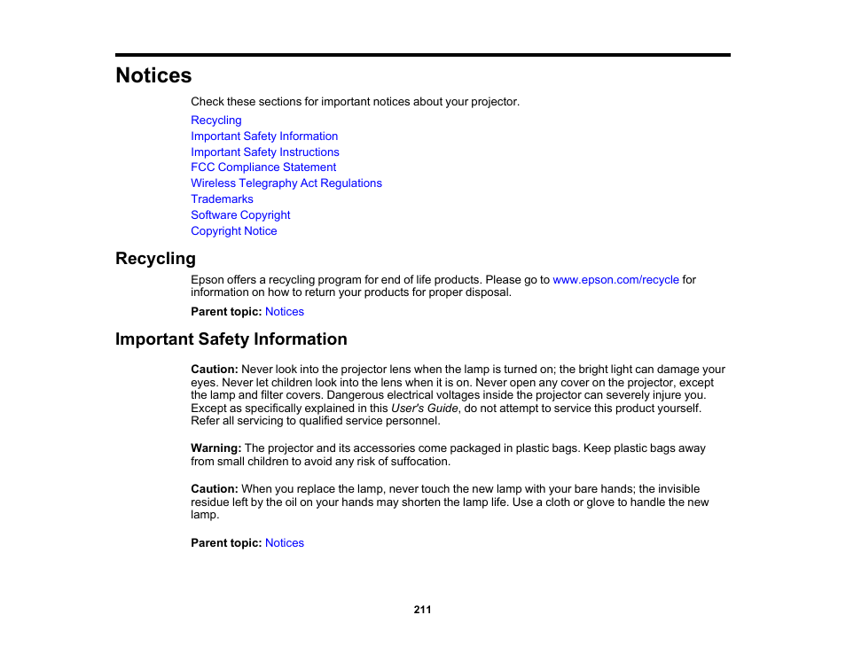 Notices, Recycling, Important safety information | Recycling important safety information | Epson 485Wi User Manual | Page 211 / 259
