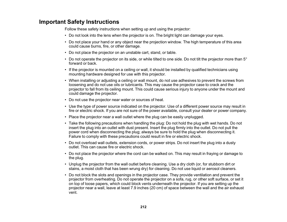 Important safety instructions | Epson 485Wi User Manual | Page 212 / 259