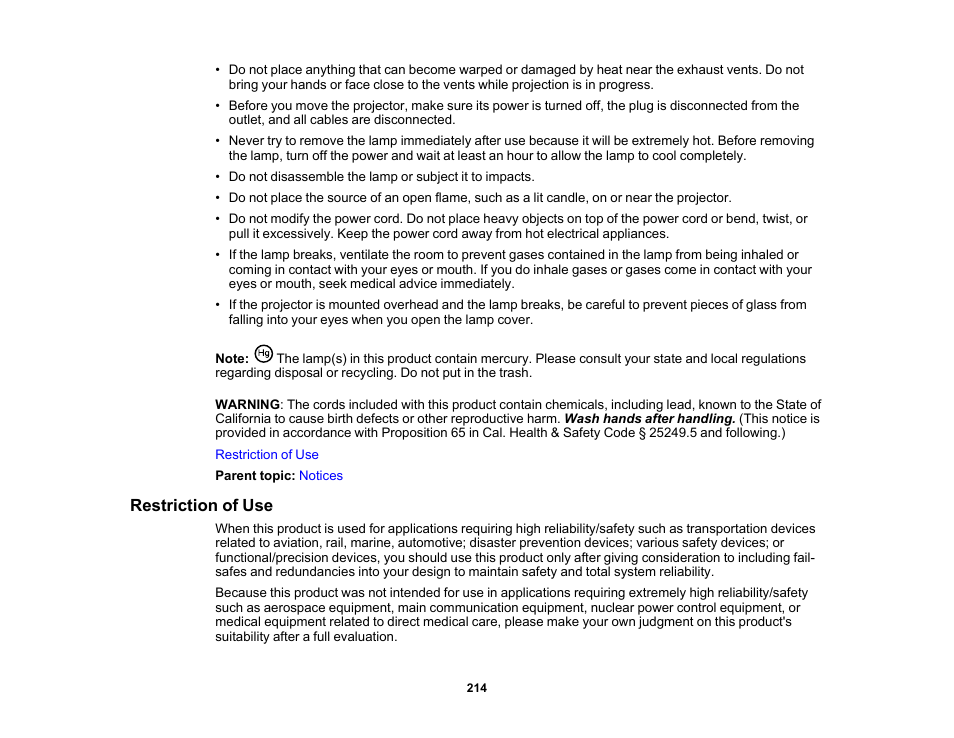 Restriction of use | Epson 485Wi User Manual | Page 214 / 259