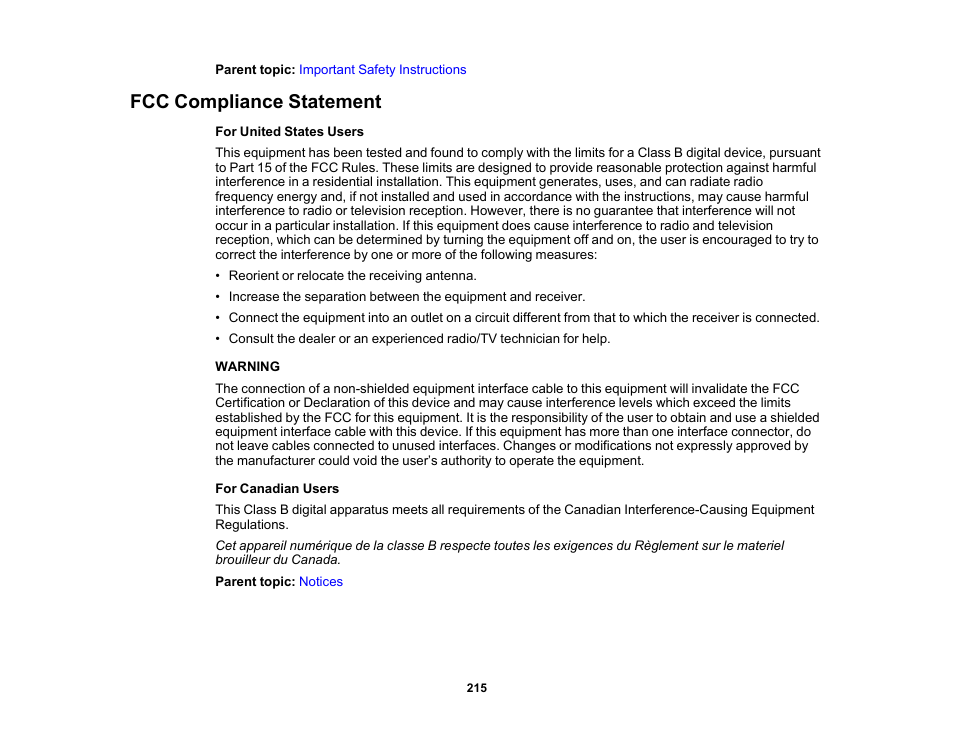 Fcc compliance statement | Epson 485Wi User Manual | Page 215 / 259