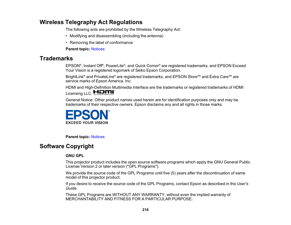 Wireless telegraphy act regulations, Trademarks, Software copyright | Epson 485Wi User Manual | Page 216 / 259
