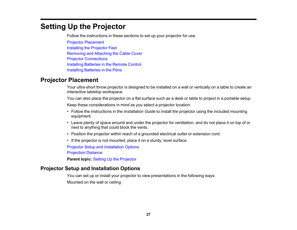 Setting up the projector, Projector placement, Projector setup and installation options | Epson 485Wi User Manual | Page 27 / 259