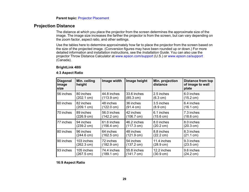 Projection distance | Epson 485Wi User Manual | Page 29 / 259