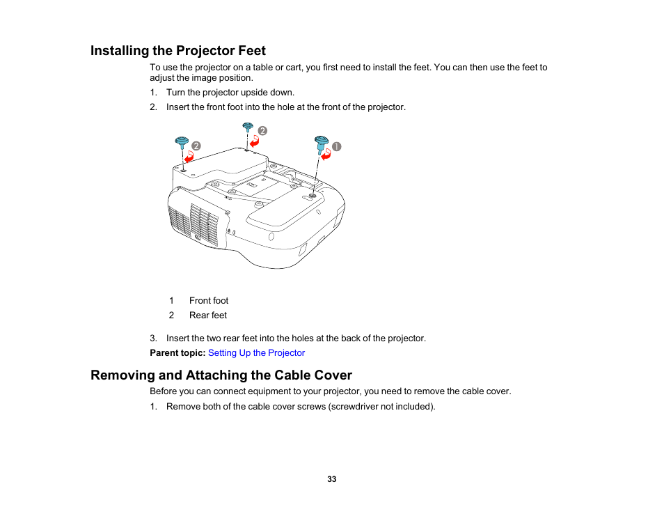 Installing the projector feet, Removing and attaching the cable cover | Epson 485Wi User Manual | Page 33 / 259