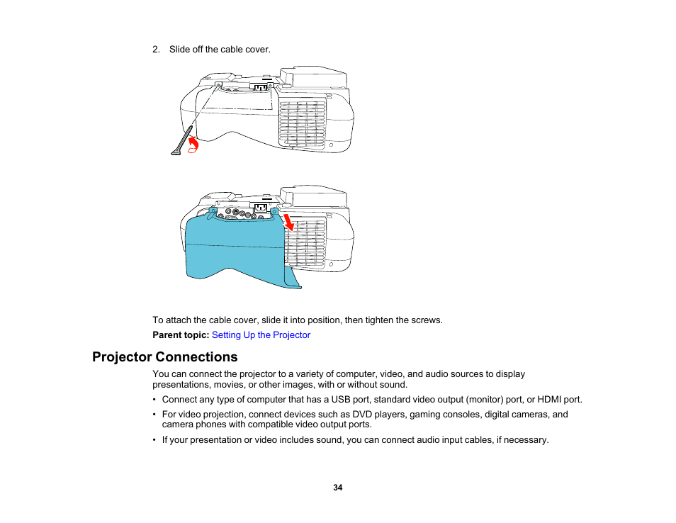 Projector connections | Epson 485Wi User Manual | Page 34 / 259
