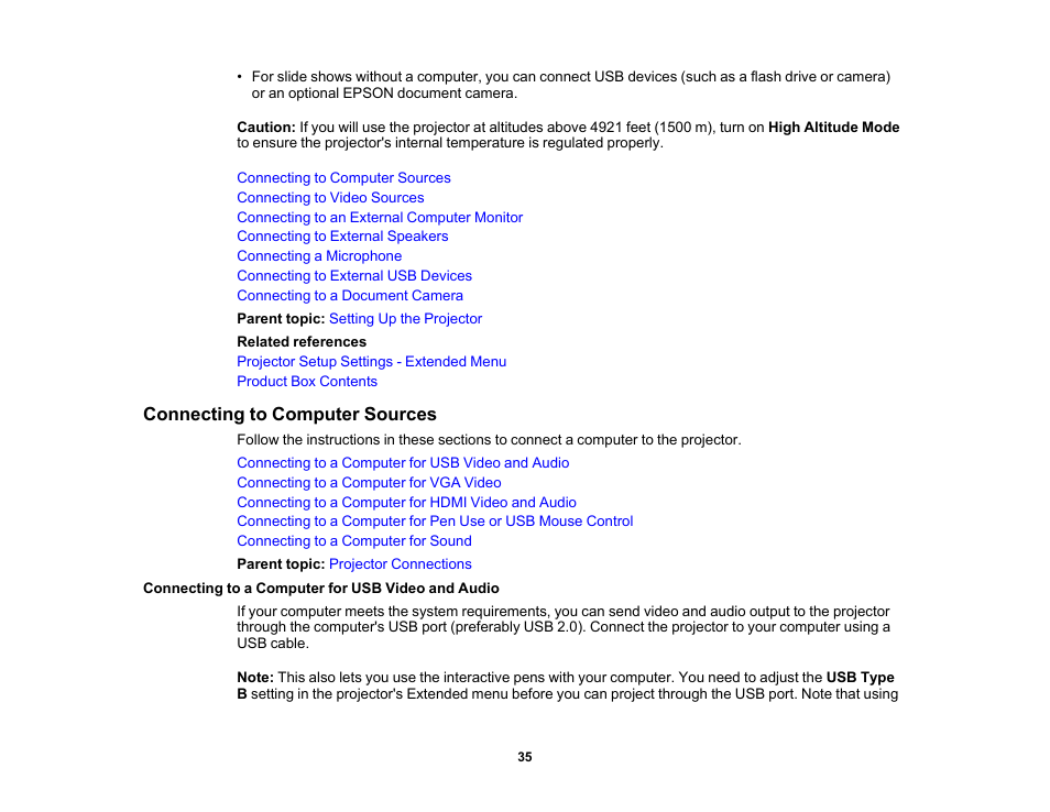 Connecting to computer sources, Connecting to a computer for usb video and audio | Epson 485Wi User Manual | Page 35 / 259