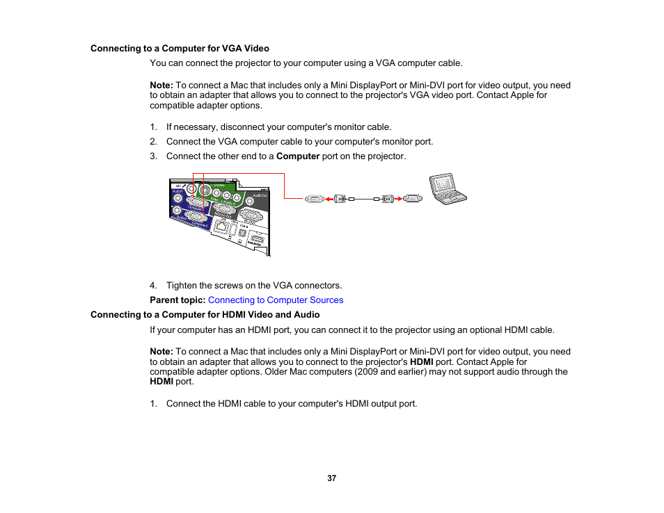 Connecting to a computer for vga video, Connecting to a computer for hdmi video and audio | Epson 485Wi User Manual | Page 37 / 259