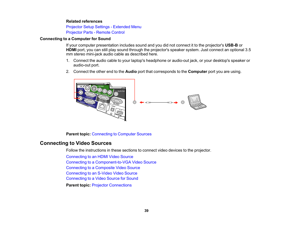 Connecting to a computer for sound, Connecting to video sources | Epson 485Wi User Manual | Page 39 / 259