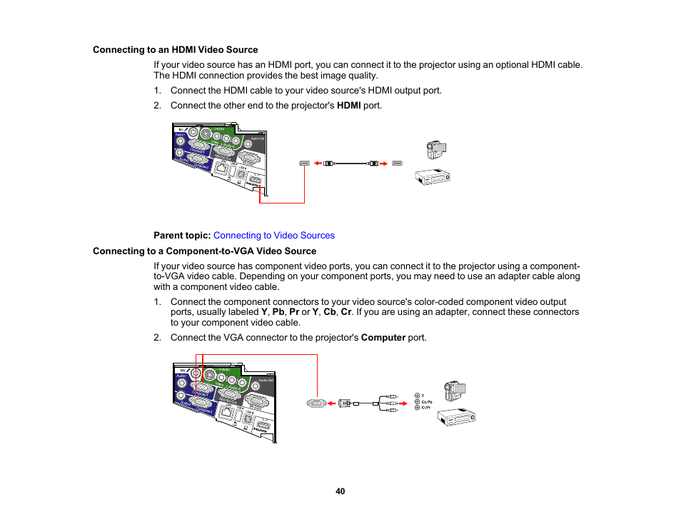 Connecting to an hdmi video source, Connecting to a component-to-vga video source | Epson 485Wi User Manual | Page 40 / 259