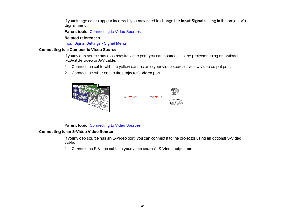 Connecting to a composite video source, Connecting to an s-video video source | Epson 485Wi User Manual | Page 41 / 259