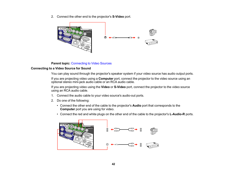 Connecting to a video source for sound | Epson 485Wi User Manual | Page 42 / 259