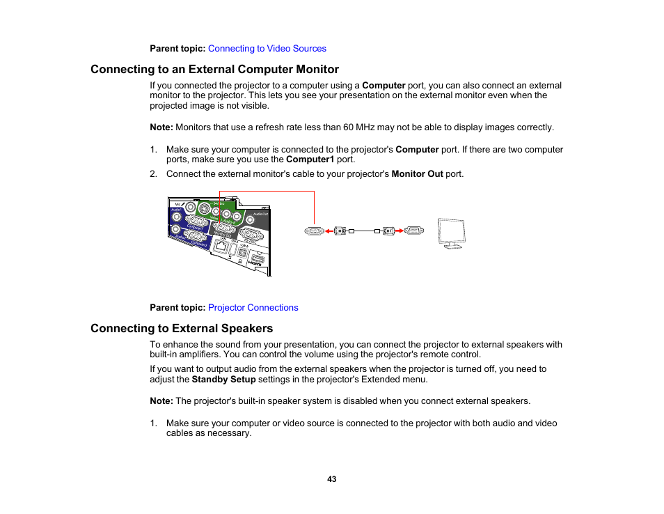 Connecting to an external computer monitor, Connecting to external speakers | Epson 485Wi User Manual | Page 43 / 259