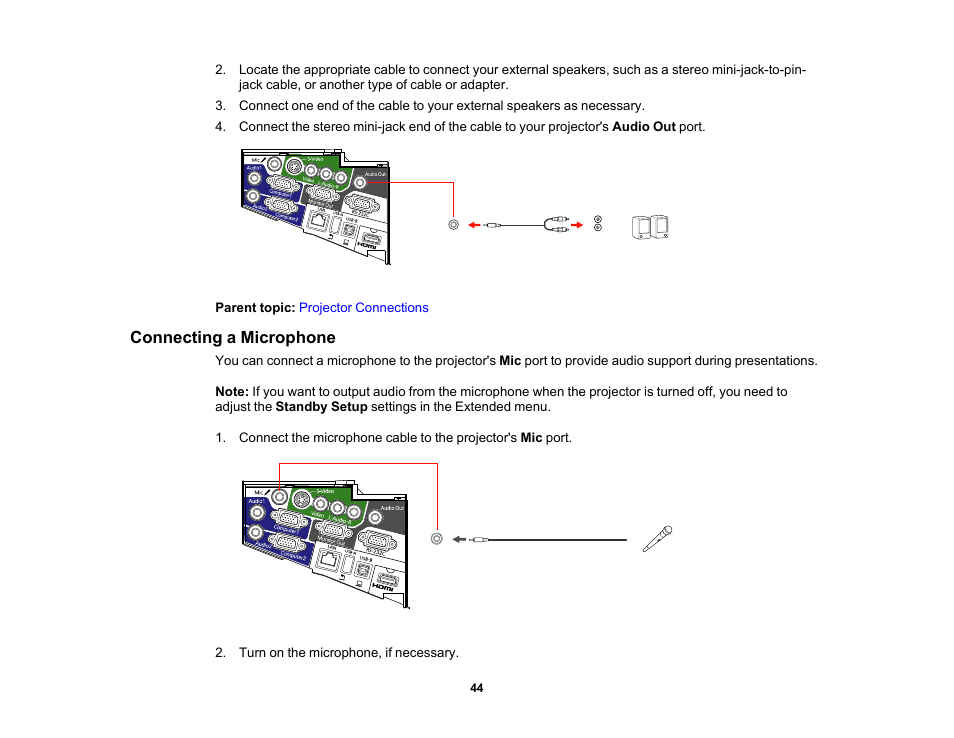 Connecting a microphone | Epson 485Wi User Manual | Page 44 / 259