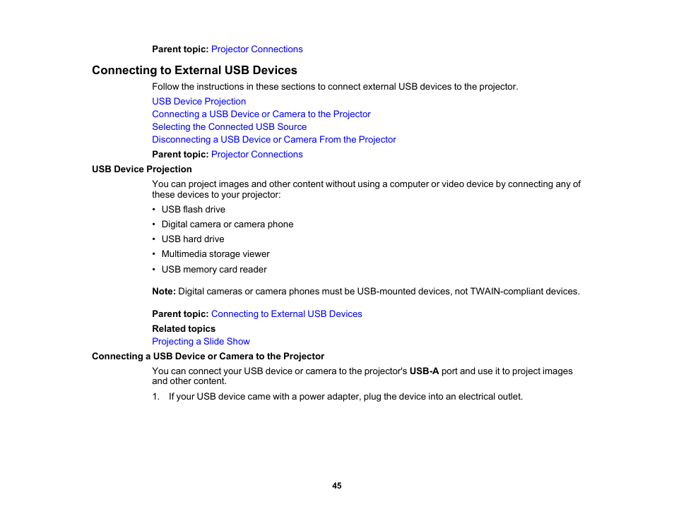 Connecting to external usb devices, Usb device projection, Connecting a usb device or camera to the projector | Epson 485Wi User Manual | Page 45 / 259