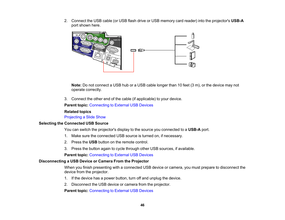 Selecting the connected usb source | Epson 485Wi User Manual | Page 46 / 259