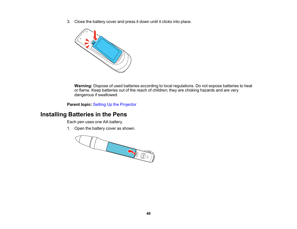Installing batteries in the pens | Epson 485Wi User Manual | Page 49 / 259