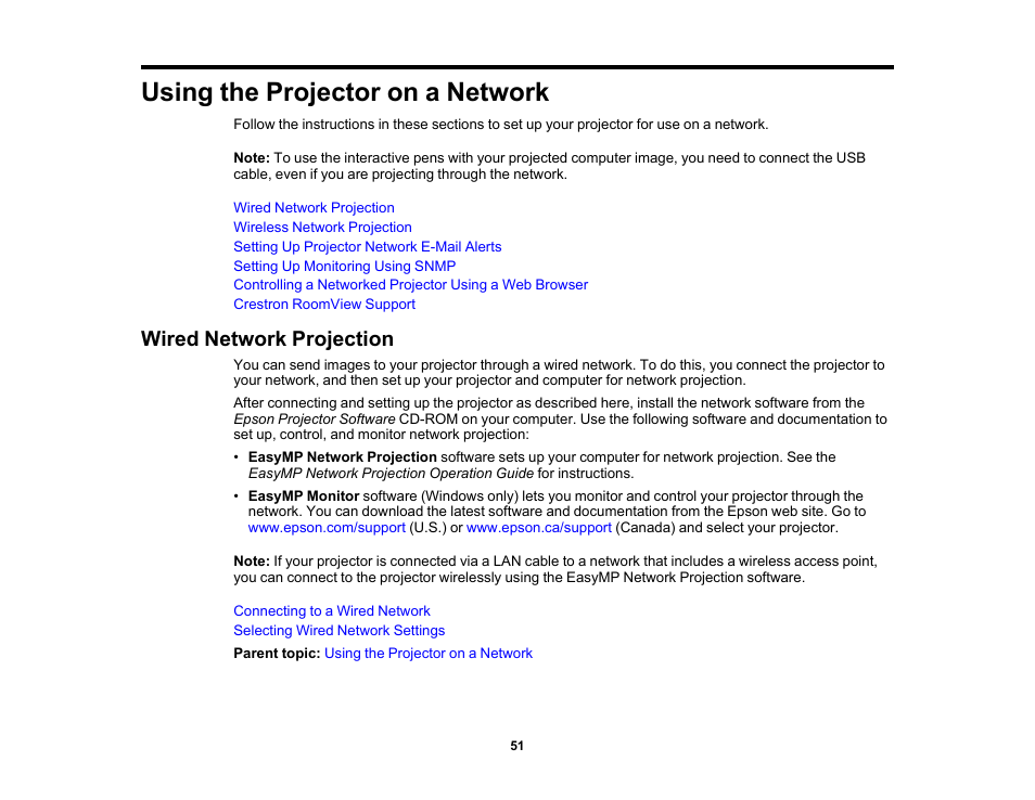 Using the projector on a network, Wired network projection | Epson 485Wi User Manual | Page 51 / 259