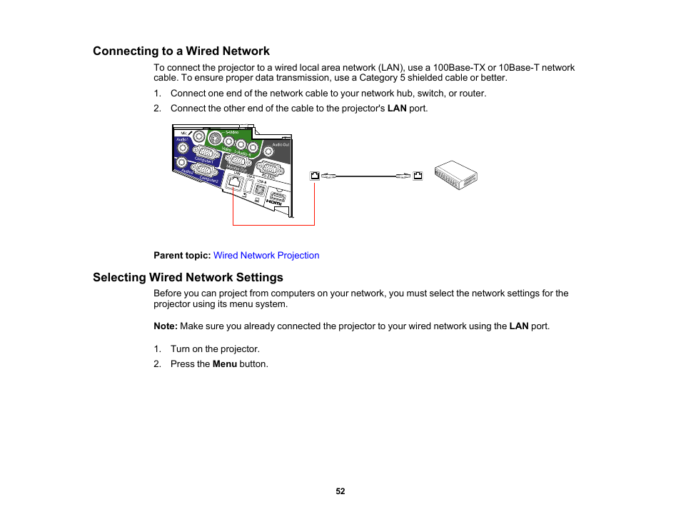 Connecting to a wired network, Selecting wired network settings | Epson 485Wi User Manual | Page 52 / 259