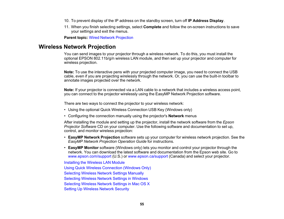 Wireless network projection | Epson 485Wi User Manual | Page 55 / 259