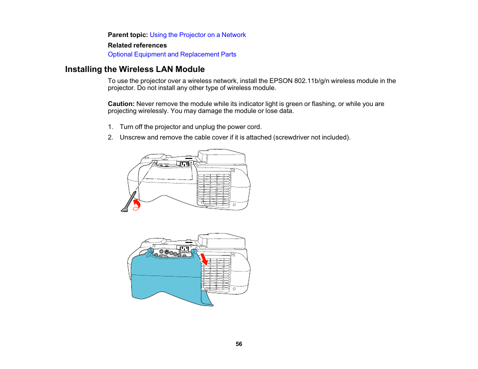 Installing the wireless lan module | Epson 485Wi User Manual | Page 56 / 259
