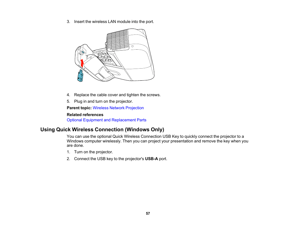 Using quick wireless connection (windows only) | Epson 485Wi User Manual | Page 57 / 259