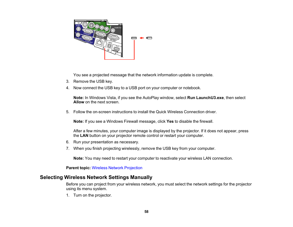 Selecting wireless network settings manually | Epson 485Wi User Manual | Page 58 / 259