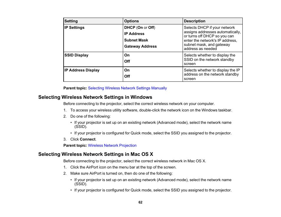 Selecting wireless network settings in windows, Selecting wireless network settings in mac os x | Epson 485Wi User Manual | Page 62 / 259