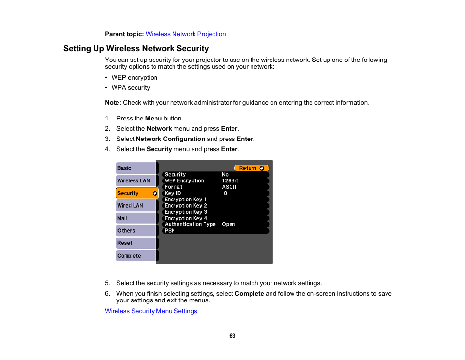 Setting up wireless network security | Epson 485Wi User Manual | Page 63 / 259