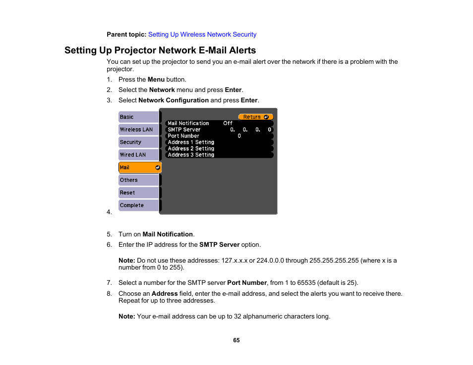 Setting up projector network e-mail alerts | Epson 485Wi User Manual | Page 65 / 259