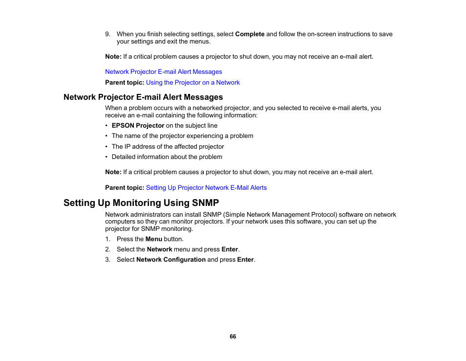 Network projector e-mail alert messages, Setting up monitoring using snmp | Epson 485Wi User Manual | Page 66 / 259