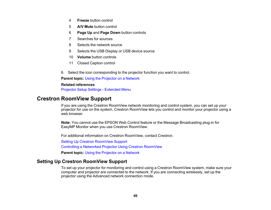 Crestron roomview support, Setting up crestron roomview support | Epson 485Wi User Manual | Page 69 / 259